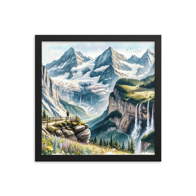 Aquarell-Panoramablick der Alpen mit schneebedeckten Gipfeln, Wasserfällen und Wanderern - Premium Poster mit Rahmen wandern xxx yyy zzz 35.6 x 35.6 cm