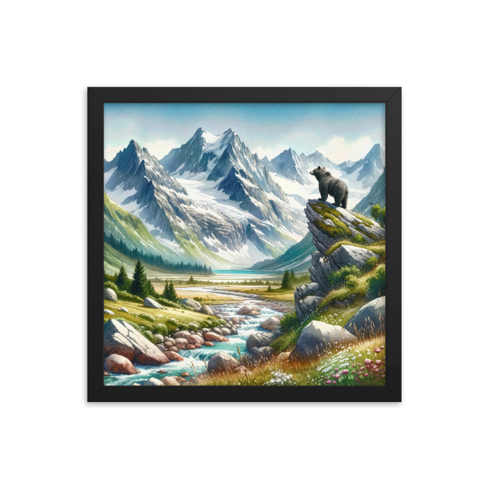Aquarellmalerei eines Bären und der sommerlichen Alpenschönheit mit schneebedeckten Ketten - Premium Poster mit Rahmen camping xxx yyy zzz 35.6 x 35.6 cm