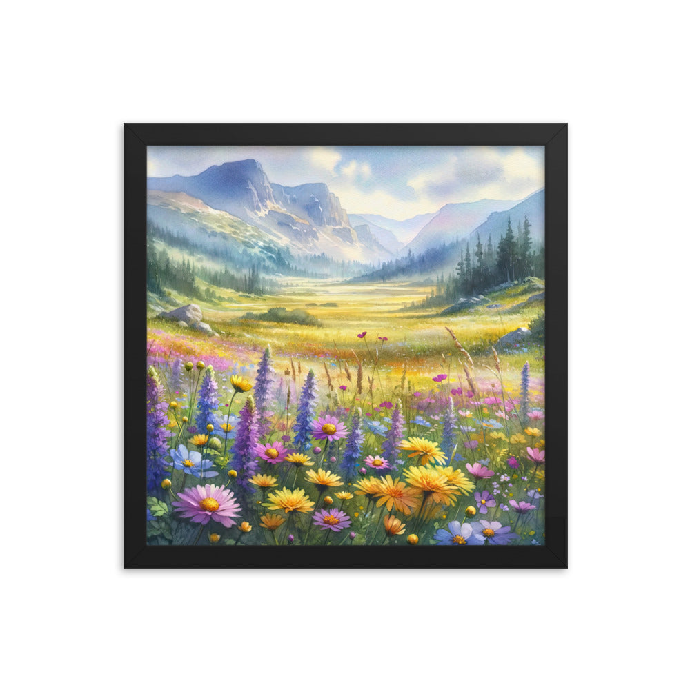 Aquarell einer Almwiese in Ruhe, Wildblumenteppich in Gelb, Lila, Rosa - Premium Poster mit Rahmen berge xxx yyy zzz 35.6 x 35.6 cm