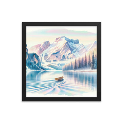 Aquarell eines klaren Alpenmorgens, Boot auf Bergsee in Pastelltönen - Premium Poster mit Rahmen berge xxx yyy zzz 35.6 x 35.6 cm