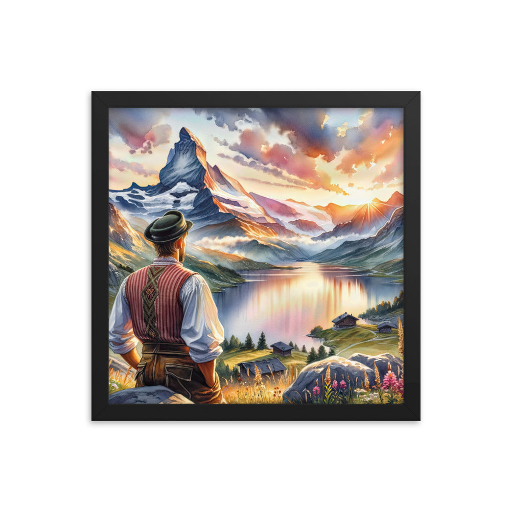 Aquarell einer Berglandschaft in der goldenen Stunde mit österreichischem Wanderer - Premium Poster mit Rahmen wandern xxx yyy zzz 35.6 x 35.6 cm