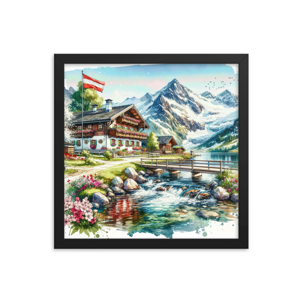 Aquarell der frühlingshaften Alpenkette mit österreichischer Flagge und schmelzendem Schnee - Premium Poster mit Rahmen berge xxx yyy zzz 35.6 x 35.6 cm