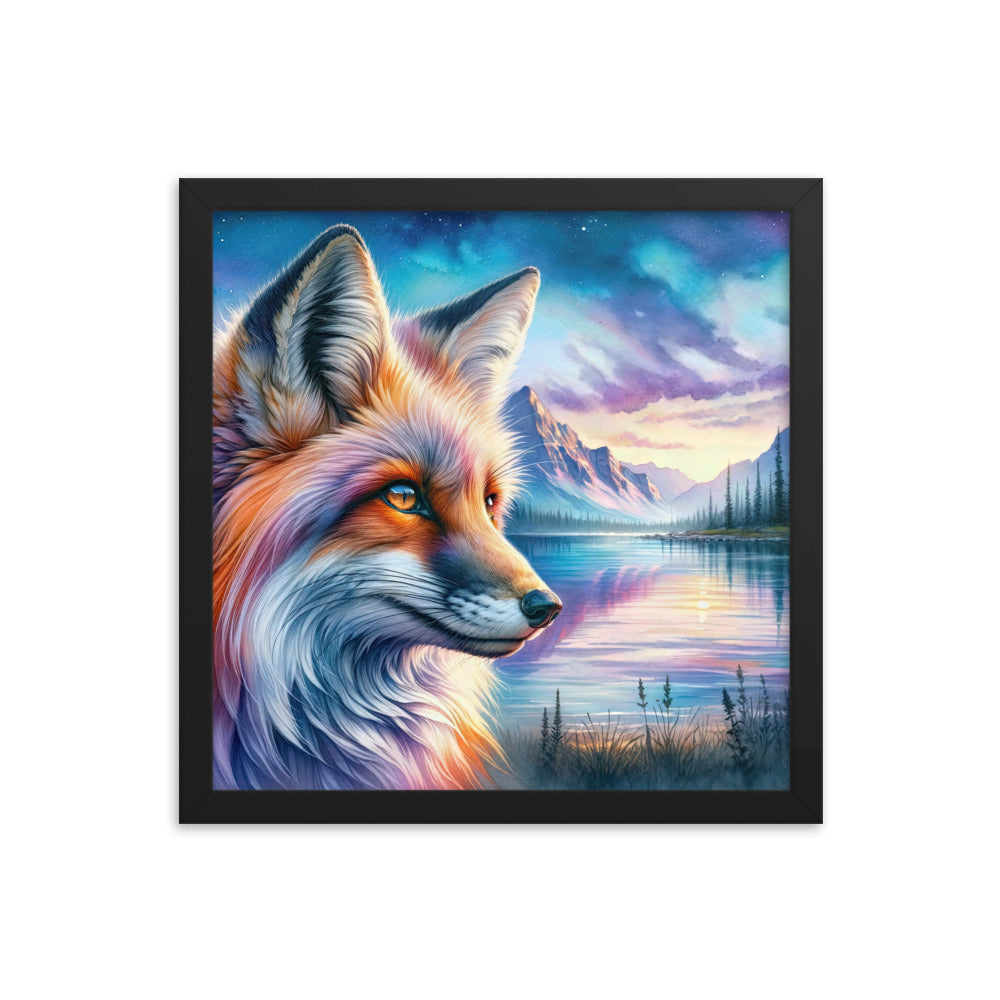 Aquarellporträt eines Fuchses im Dämmerlicht am Bergsee - Premium Poster mit Rahmen camping xxx yyy zzz 35.6 x 35.6 cm