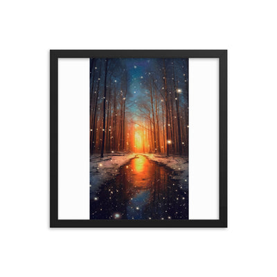 Bäume im Winter, Schnee, Sonnenaufgang und Fluss - Premium Poster mit Rahmen camping xxx Black 40.6 x 40.6 cm