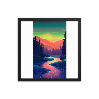 Berge, Fluss, Sonnenuntergang - Malerei - Premium Poster mit Rahmen berge xxx 40.6 x 40.6 cm