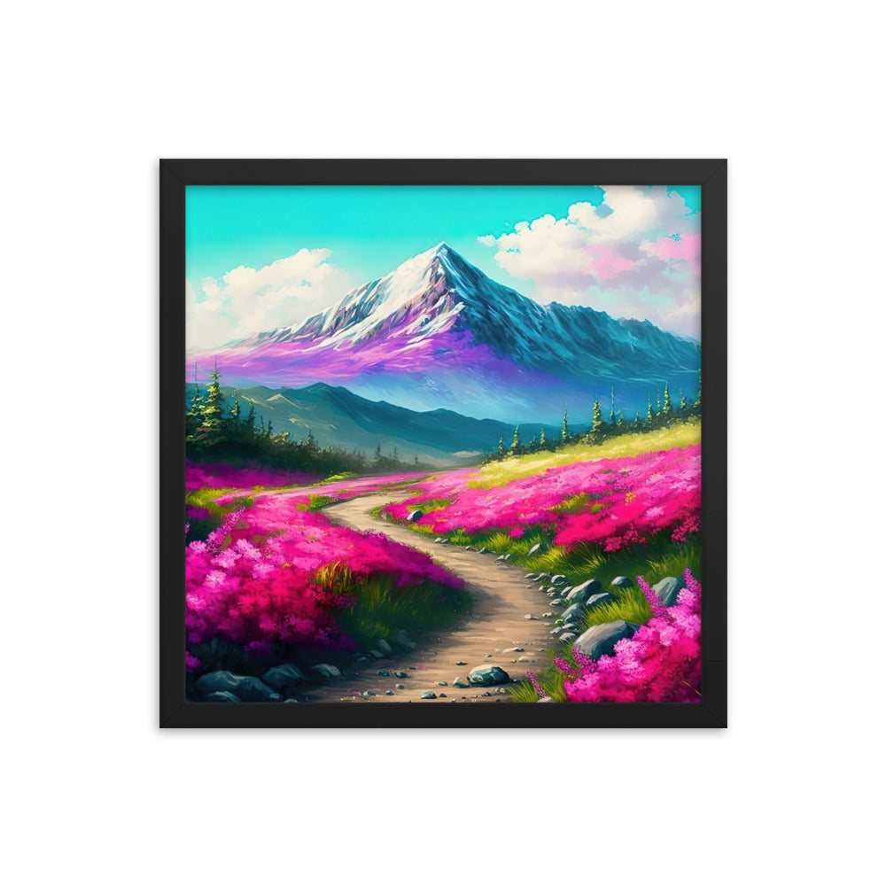 Berg, pinke Blumen und Wanderweg - Landschaftsmalerei - Premium Poster mit Rahmen berge xxx Black 40.6 x 40.6 cm