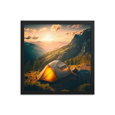 Zelt auf Berg im Sonnenaufgang - Landschafts - Premium Poster mit Rahmen camping xxx 40.6 x 40.6 cm