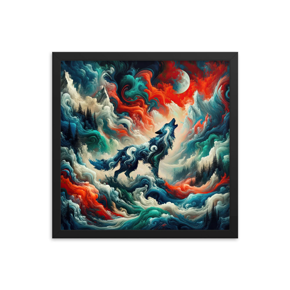 Abstrakte Kunst eines Wolfes in den Alpen mit Mustern aus eisigem Blau und Waldgrün verschmelzen mit feurigen Farben (AN) - Enhanced Matte xxx yyy zzz 40.6 x 40.6 cm