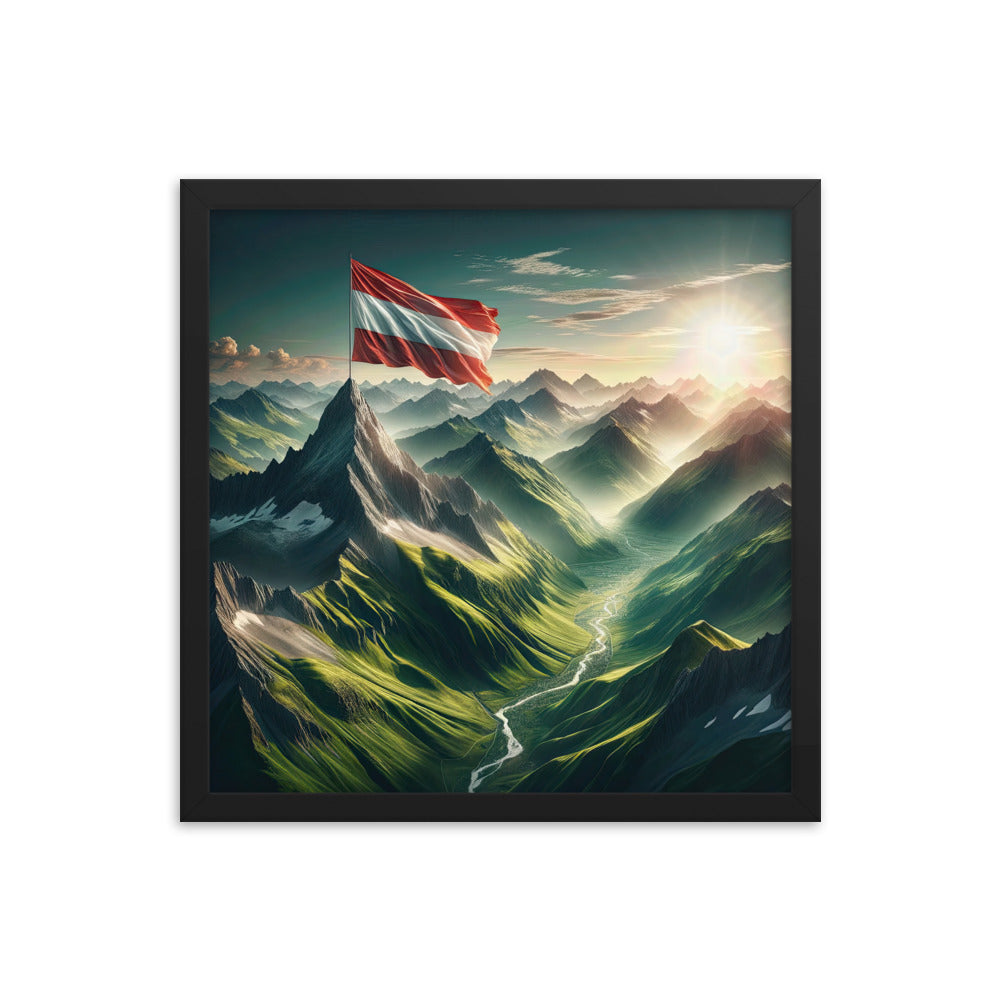 Alpen Gebirge: Fotorealistische Bergfläche mit Österreichischer Flagge - Premium Poster mit Rahmen berge xxx yyy zzz 40.6 x 40.6 cm