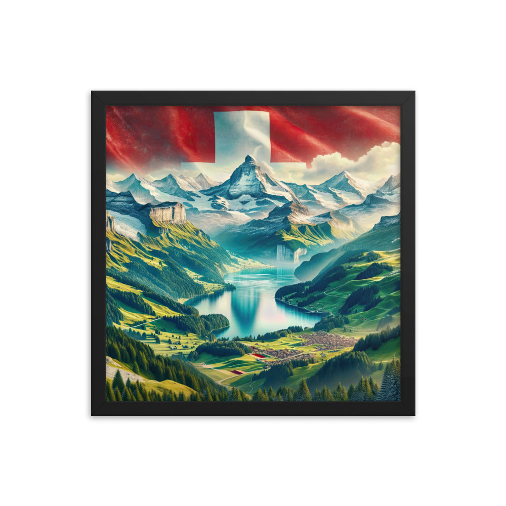 Berg Panorama: Schneeberge und Täler mit Schweizer Flagge - Premium Poster mit Rahmen berge xxx yyy zzz 40.6 x 40.6 cm