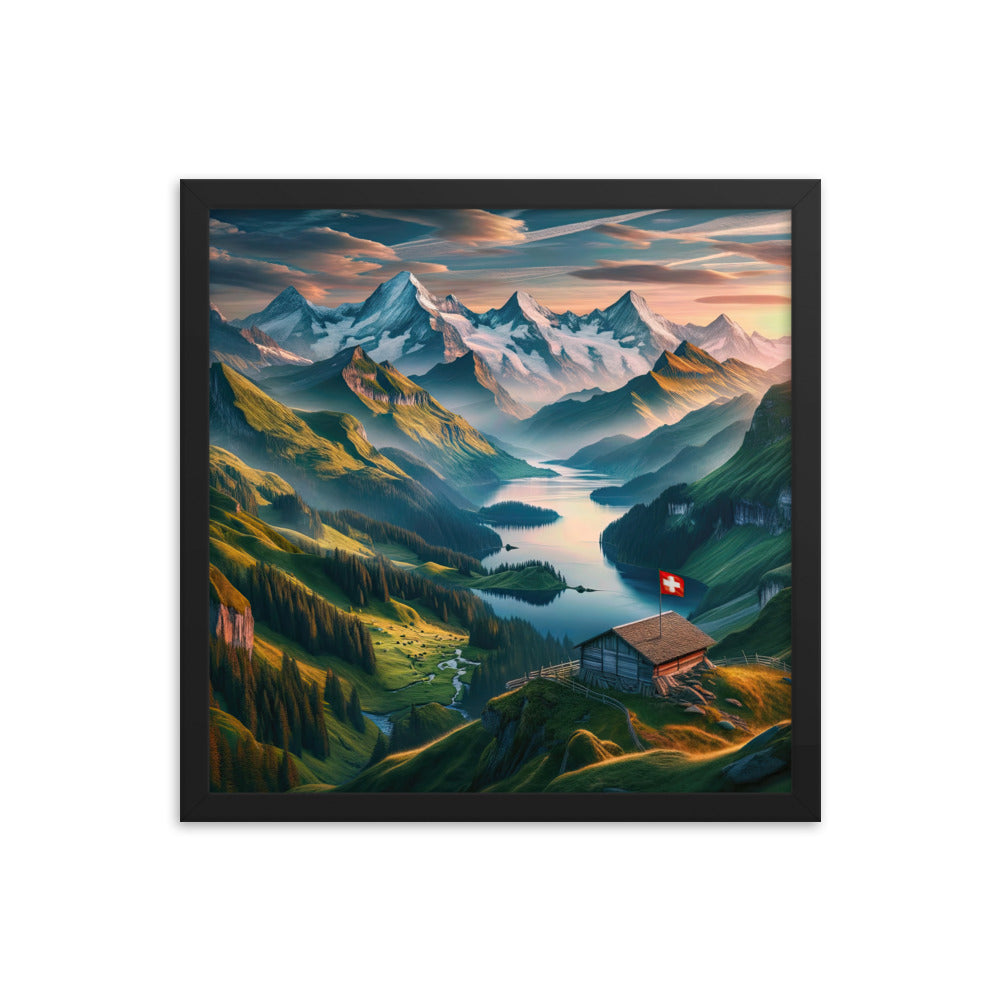 Schweizer Flagge, Alpenidylle: Dämmerlicht, epische Berge und stille Gewässer - Premium Poster mit Rahmen berge xxx yyy zzz 40.6 x 40.6 cm