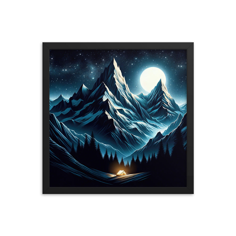 Alpennacht mit Zelt: Mondglanz auf Gipfeln und Tälern, sternenklarer Himmel - Premium Poster mit Rahmen berge xxx yyy zzz 40.6 x 40.6 cm