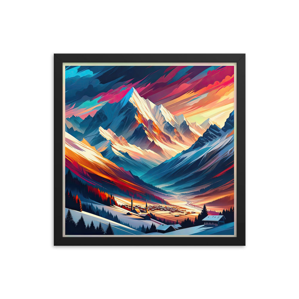 Moderne geometrische Alpen Kunst: Warmer Sonnenuntergangs Schein auf Schneegipfeln - Premium Poster mit Rahmen berge xxx yyy zzz 40.6 x 40.6 cm