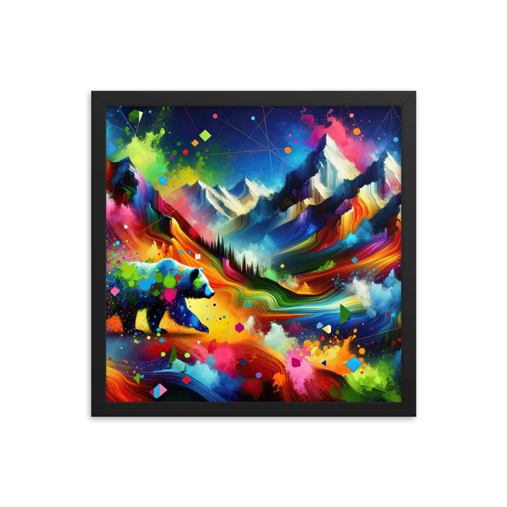 Neonfarbener Alpen Bär in abstrakten geometrischen Formen - Premium Poster mit Rahmen camping xxx yyy zzz 40.6 x 40.6 cm