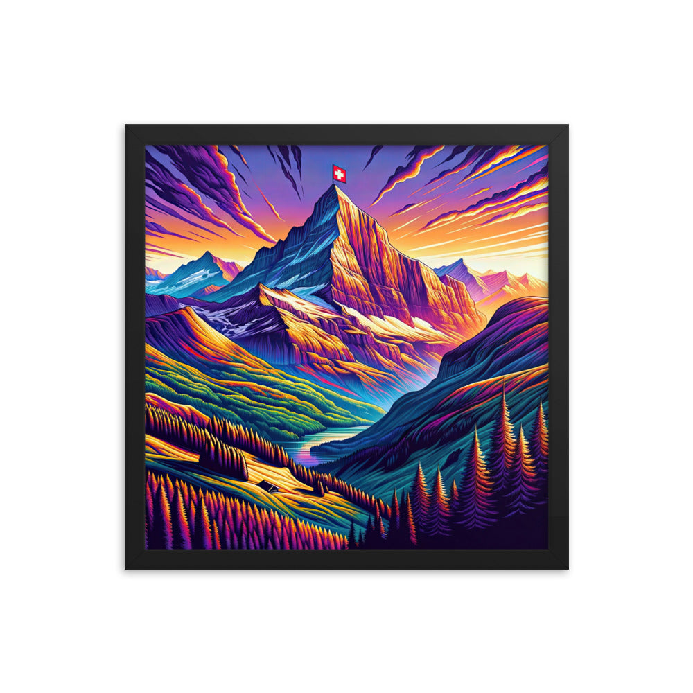 Bergpracht mit Schweizer Flagge: Farbenfrohe Illustration einer Berglandschaft - Premium Poster mit Rahmen berge xxx yyy zzz 40.6 x 40.6 cm