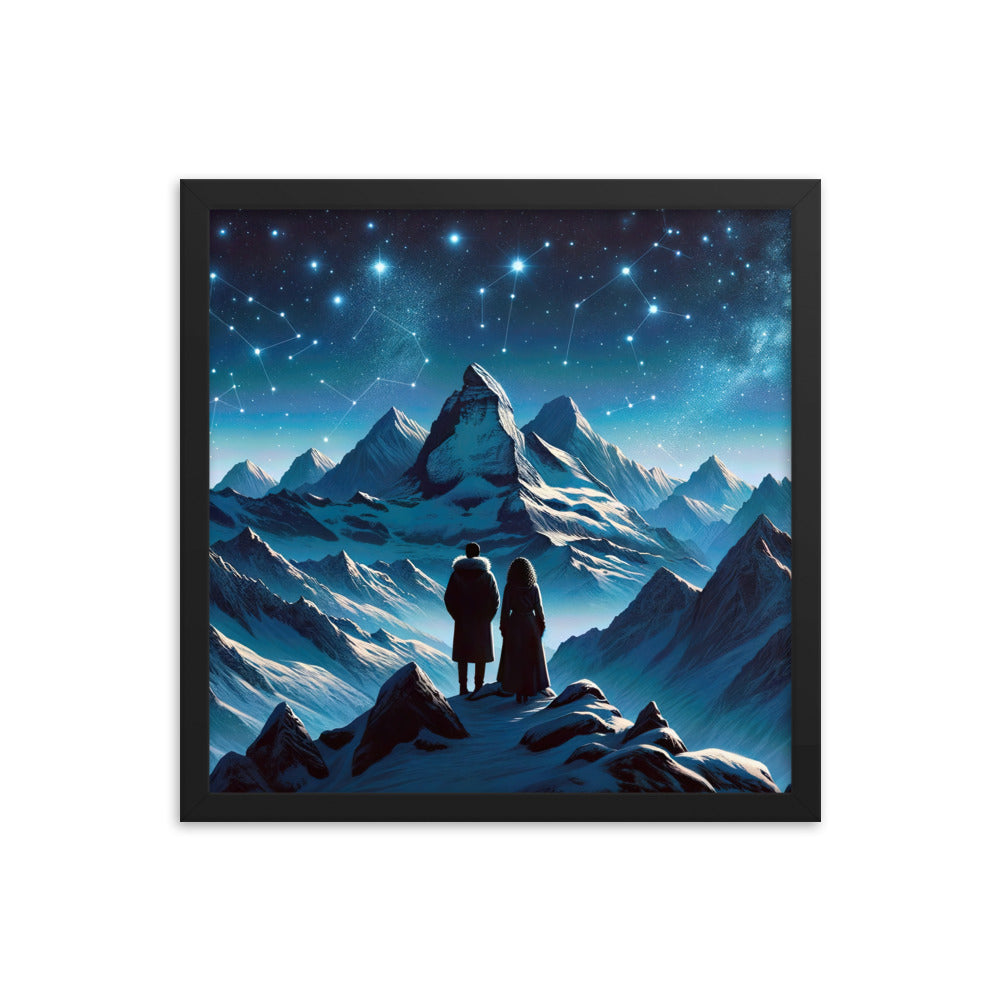 Alpenwinternacht: Digitale Kunst mit Wanderern in Bergen und Sternenhimmel - Premium Poster mit Rahmen wandern xxx yyy zzz 40.6 x 40.6 cm