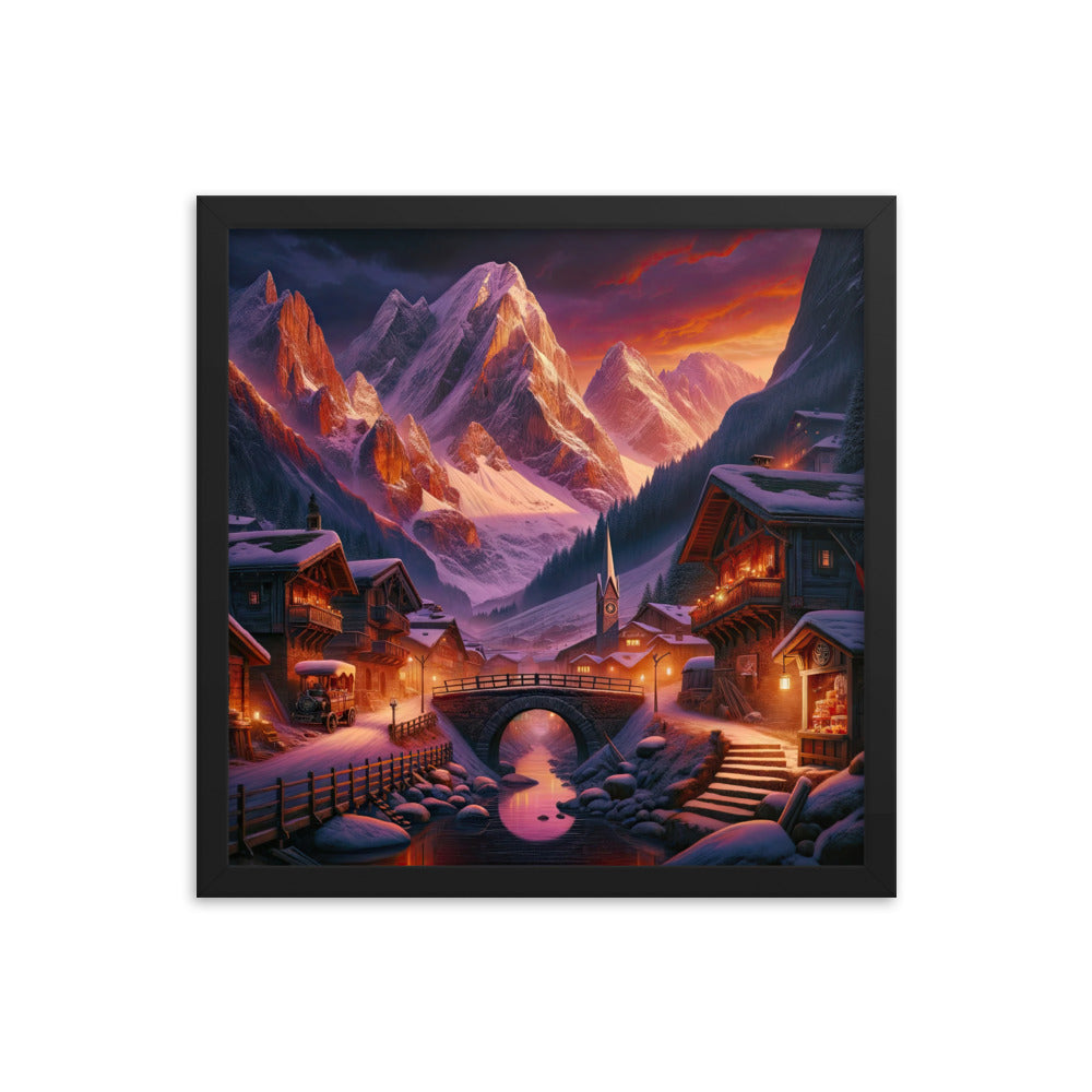 Magische Alpenstunde: Digitale Kunst mit warmem Himmelsschein über schneebedeckte Berge - Premium Poster mit Rahmen berge xxx yyy zzz 40.6 x 40.6 cm