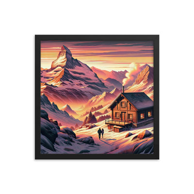 Berghütte im goldenen Sonnenuntergang: Digitale Alpenillustration - Premium Poster mit Rahmen berge xxx yyy zzz 40.6 x 40.6 cm