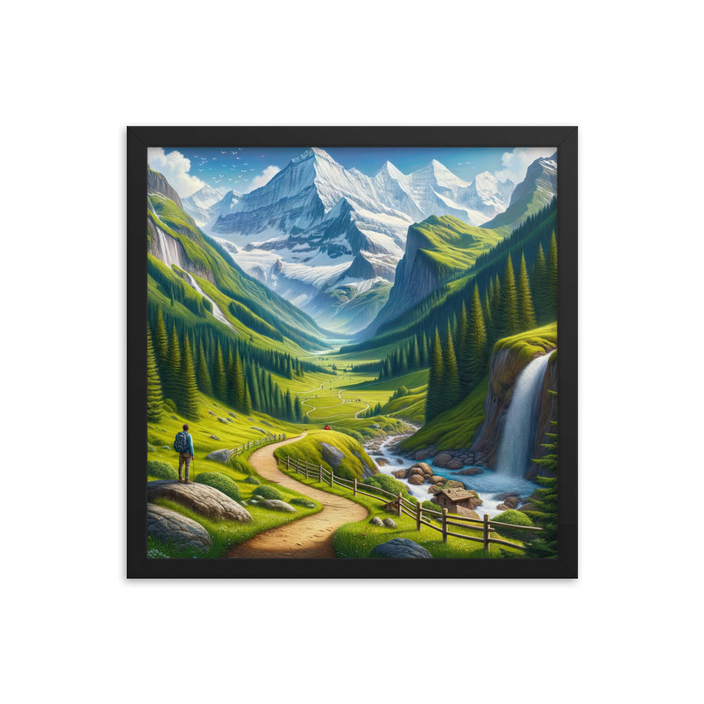 Wanderer in den Bergen und Wald: Digitale Malerei mit grünen kurvenreichen Pfaden - Premium Poster mit Rahmen wandern xxx yyy zzz 40.6 x 40.6 cm