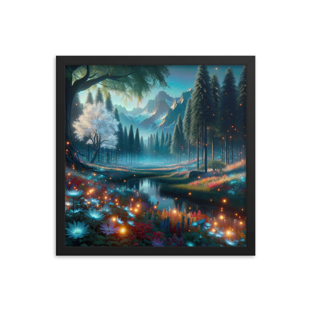 Ätherischer Alpenwald: Digitale Darstellung mit leuchtenden Bäumen und Blumen - Premium Poster mit Rahmen camping xxx yyy zzz 40.6 x 40.6 cm