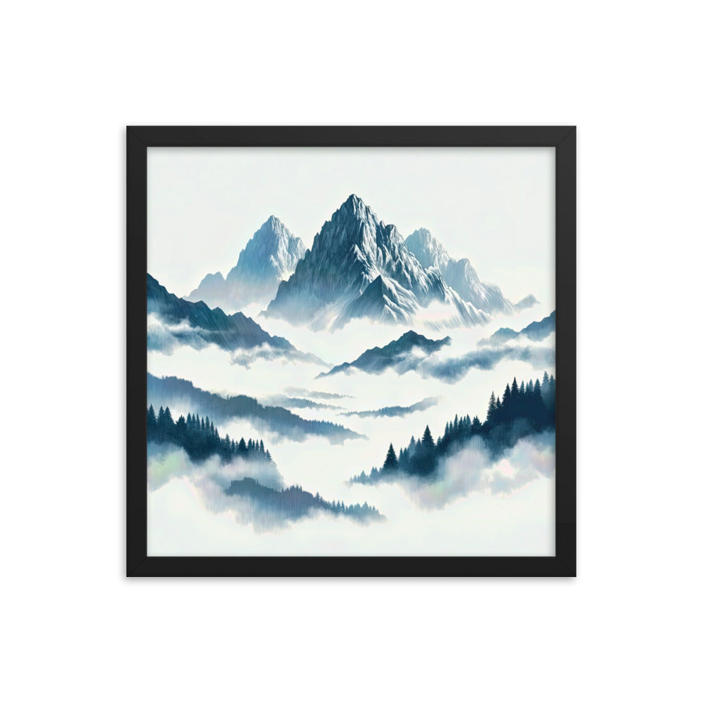 Nebeliger Alpenmorgen-Essenz, verdeckte Täler und Wälder - Premium Poster mit Rahmen berge xxx yyy zzz 40.6 x 40.6 cm