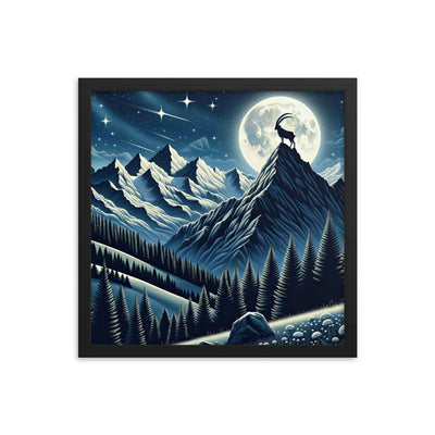 Steinbock in Alpennacht, silberne Berge und Sternenhimmel - Premium Poster mit Rahmen berge xxx yyy zzz 40.6 x 40.6 cm