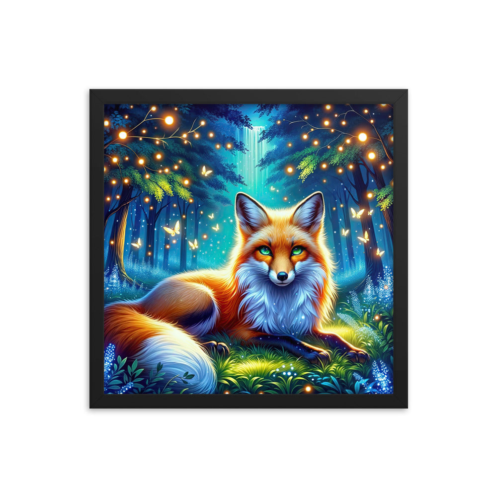 Funkelnder Nachtfuchs auf Waldlichtung mit Feuerwerk - Premium Poster mit Rahmen camping xxx yyy zzz 40.6 x 40.6 cm