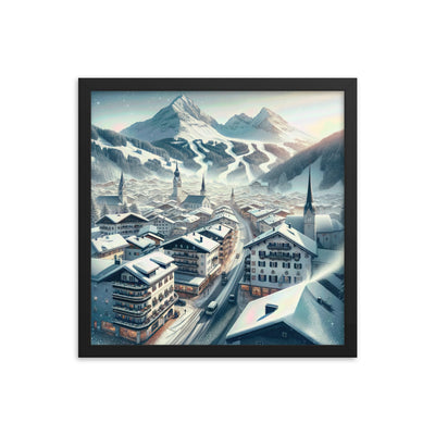 Winter in Kitzbühel: Digitale Malerei von schneebedeckten Dächern - Premium Poster mit Rahmen berge xxx yyy zzz 40.6 x 40.6 cm