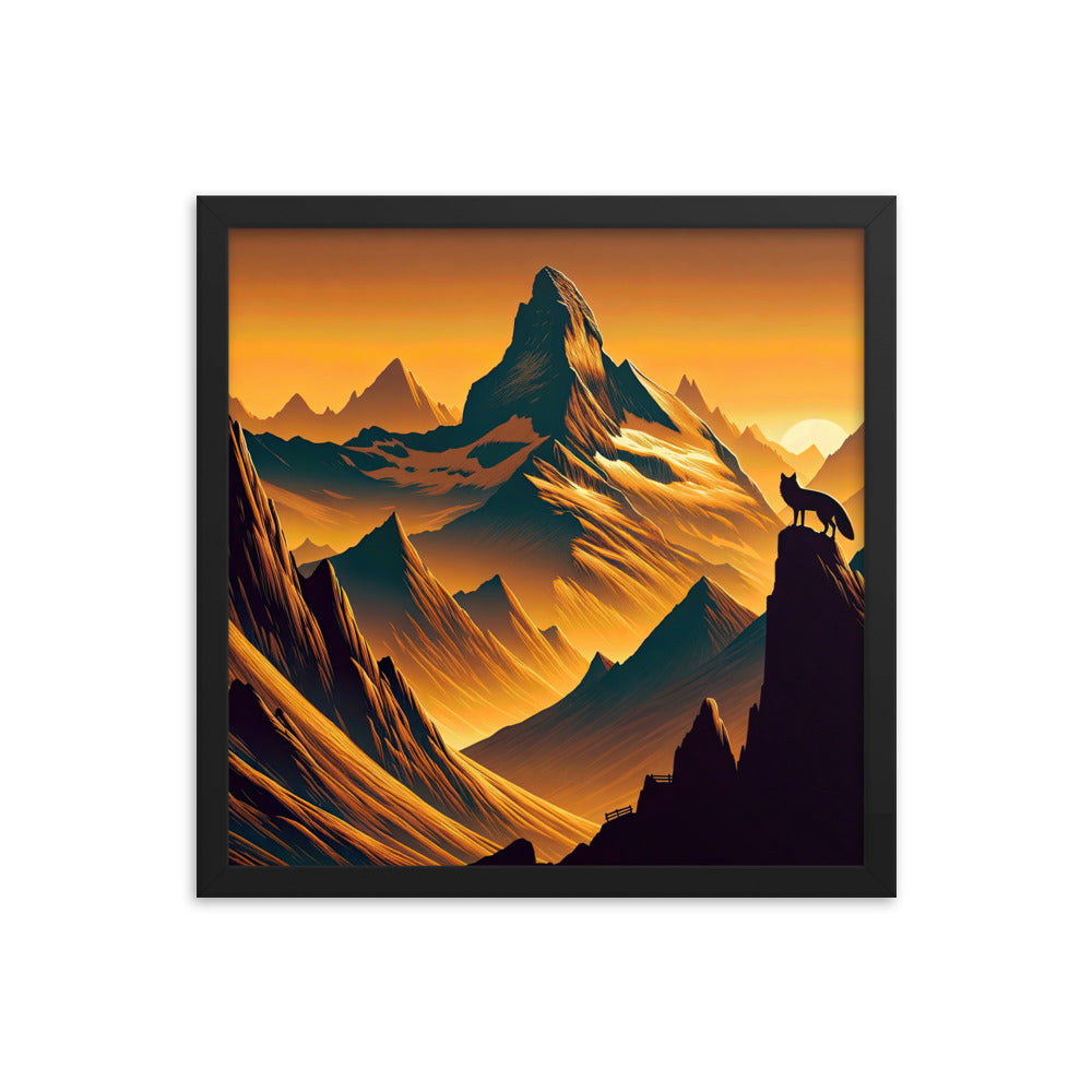 Fuchs in Alpen-Sonnenuntergang, goldene Berge und tiefe Täler - Premium Poster mit Rahmen camping xxx yyy zzz 40.6 x 40.6 cm