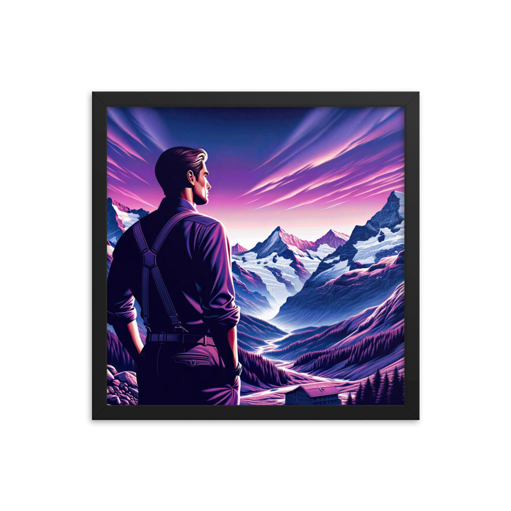 Wanderer in alpiner Dämmerung, schneebedeckte Gipfel ins Unendliche - Premium Poster mit Rahmen wandern xxx yyy zzz 40.6 x 40.6 cm