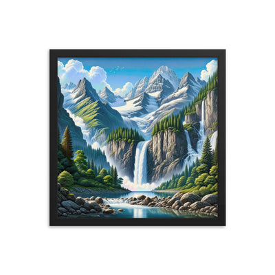 Illustration einer unberührten Alpenkulisse im Hochsommer. Wasserfall und See - Premium Poster mit Rahmen berge xxx yyy zzz 40.6 x 40.6 cm