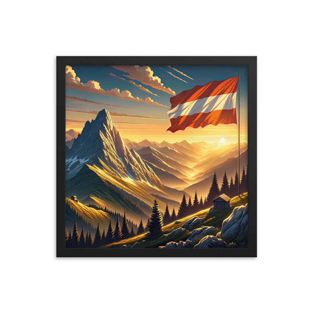 Ruhiger Alpenabend mit österreichischer Flagge und goldenem Sonnenuntergang - Premium Poster mit Rahmen berge xxx yyy zzz 40.6 x 40.6 cm