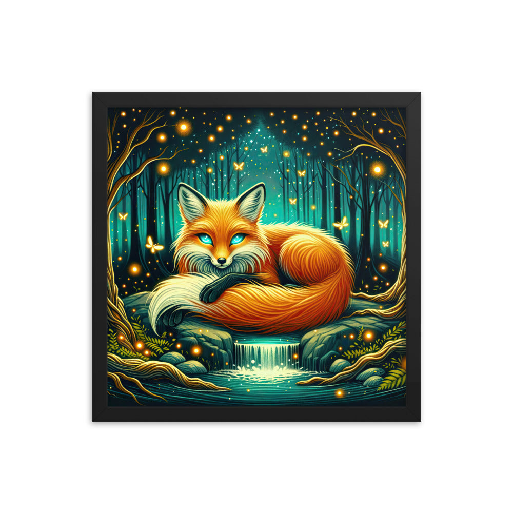 Bezaubernder Fuchs auf erleuchteter mystischer Waldlichtung - Premium Poster mit Rahmen camping xxx yyy zzz 40.6 x 40.6 cm