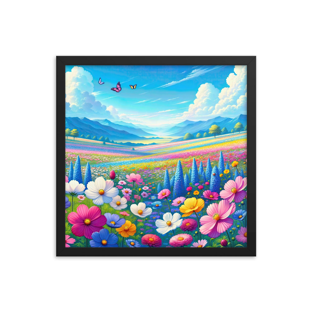 Weitläufiges Blumenfeld unter himmelblauem Himmel, leuchtende Flora - Premium Poster mit Rahmen camping xxx yyy zzz 40.6 x 40.6 cm