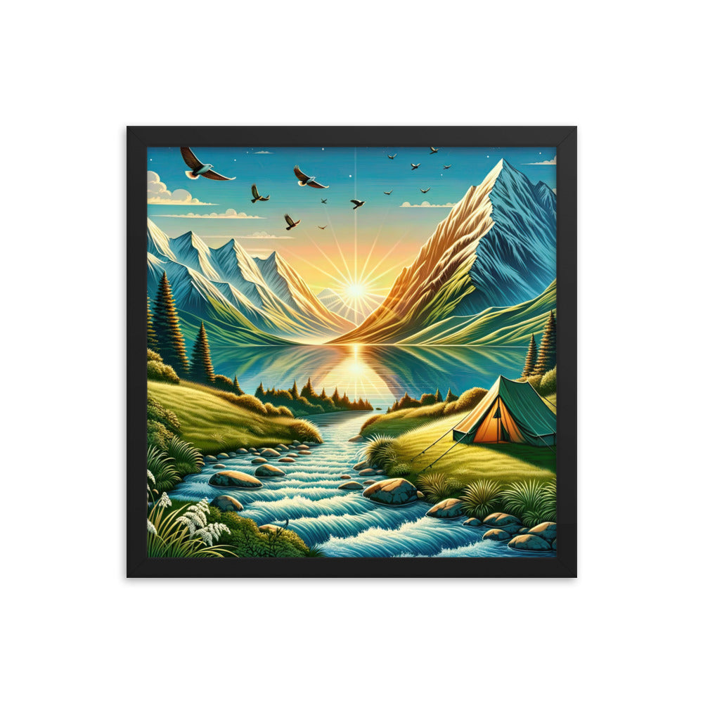 Zelt im Alpenmorgen mit goldenem Licht, Schneebergen und unberührten Seen - Premium Poster mit Rahmen berge xxx yyy zzz 40.6 x 40.6 cm