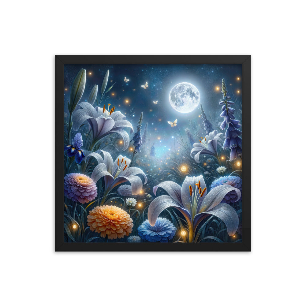 Ätherische Mondnacht auf blühender Wiese, silbriger Blumenglanz - Premium Poster mit Rahmen camping xxx yyy zzz 40.6 x 40.6 cm