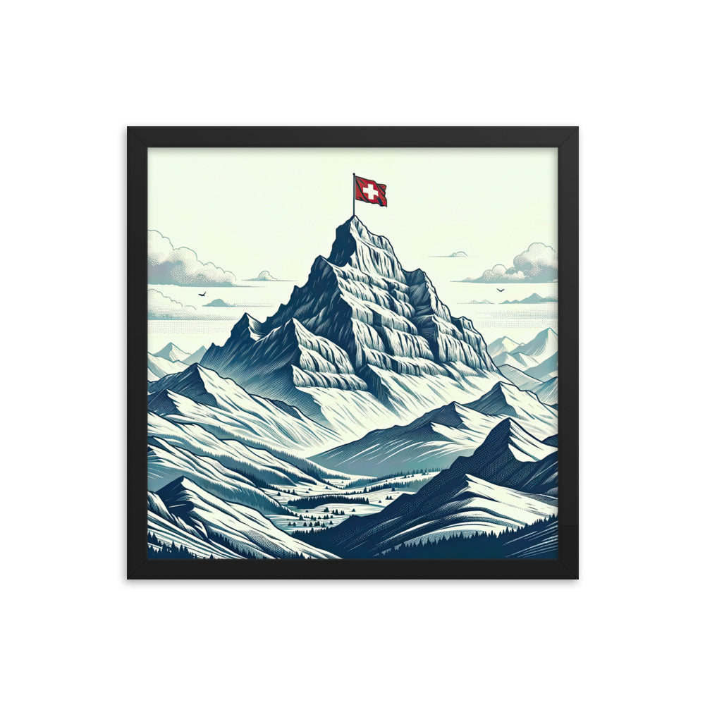 Ausgedehnte Bergkette mit dominierendem Gipfel und wehender Schweizer Flagge - Premium Poster mit Rahmen berge xxx yyy zzz 40.6 x 40.6 cm