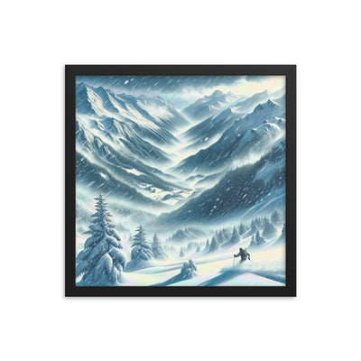 Alpine Wildnis im Wintersturm mit Skifahrer, verschneite Landschaft - Premium Poster mit Rahmen klettern ski xxx yyy zzz 40.6 x 40.6 cm