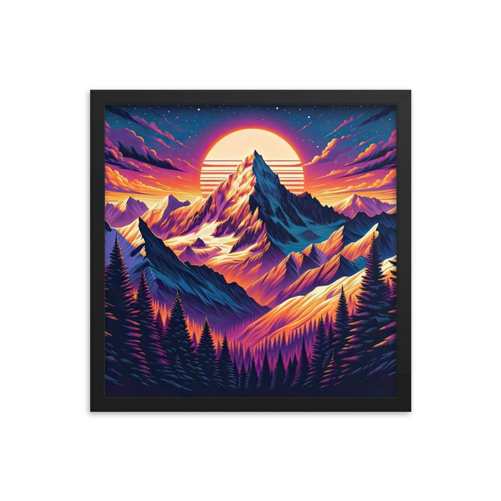 Lebendiger Alpen-Sonnenuntergang, schneebedeckte Gipfel in warmen Tönen - Premium Poster mit Rahmen berge xxx yyy zzz 40.6 x 40.6 cm