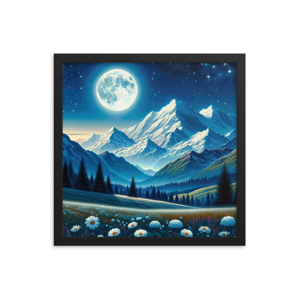Klare frühlingshafte Alpennacht mit Blumen und Vollmond über Schneegipfeln - Premium Poster mit Rahmen berge xxx yyy zzz 40.6 x 40.6 cm