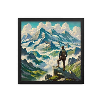 Panoramablick der Alpen mit Wanderer auf einem Hügel und schroffen Gipfeln - Premium Poster mit Rahmen wandern xxx yyy zzz 40.6 x 40.6 cm