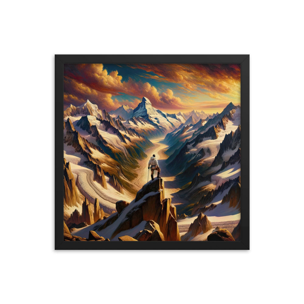 Ölgemälde eines Wanderers auf einem Hügel mit Panoramablick auf schneebedeckte Alpen und goldenen Himmel - Enhanced Matte Paper Framed wandern xxx yyy zzz 40.6 x 40.6 cm