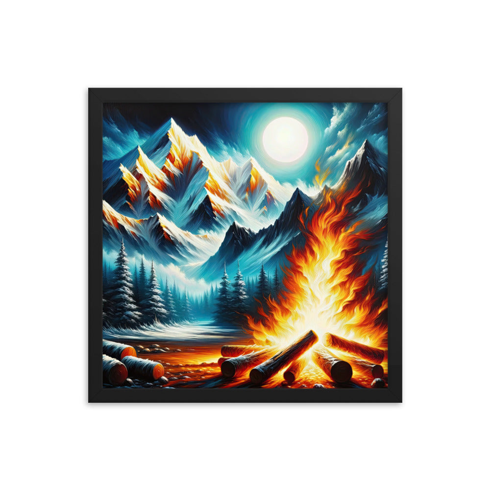 Ölgemälde von Feuer und Eis: Lagerfeuer und Alpen im Kontrast, warme Flammen - Premium Poster mit Rahmen camping xxx yyy zzz 40.6 x 40.6 cm