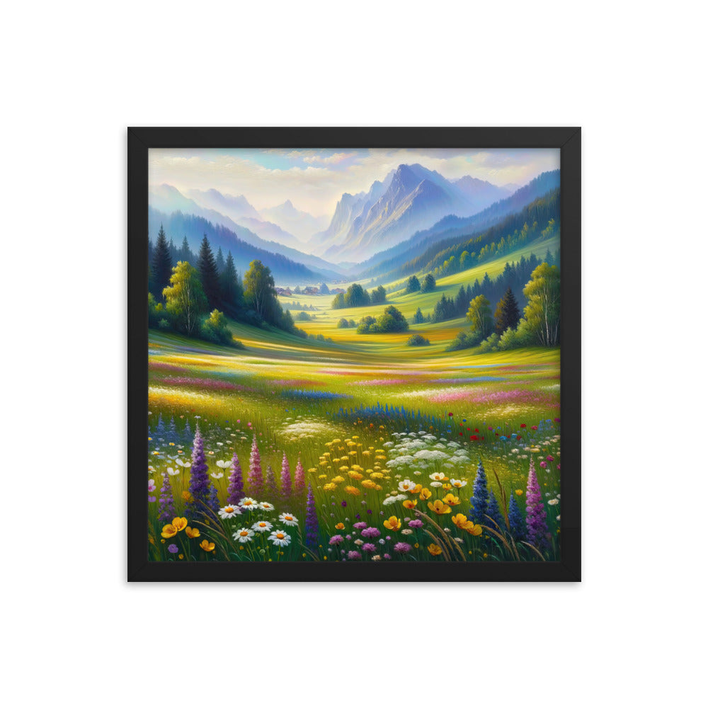 Ölgemälde einer Almwiese, Meer aus Wildblumen in Gelb- und Lilatönen - Premium Poster mit Rahmen berge xxx yyy zzz 40.6 x 40.6 cm