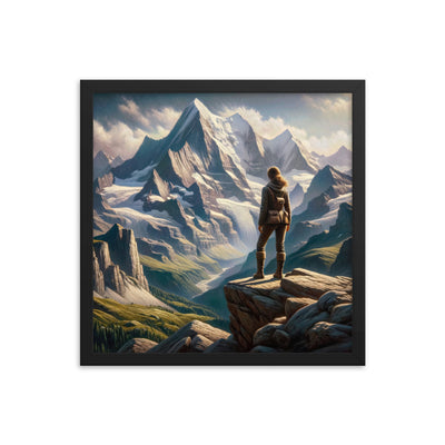 Ölgemälde der Alpengipfel mit Schweizer Abenteurerin auf Felsvorsprung - Premium Poster mit Rahmen wandern xxx yyy zzz 40.6 x 40.6 cm