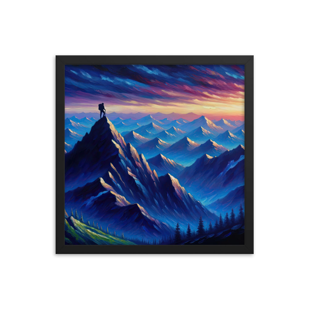 Ölgemälde eines ruhigen Alpenabends mit Bergsteigersilhouette auf dem Gipfel - Premium Poster mit Rahmen wandern xxx yyy zzz 40.6 x 40.6 cm