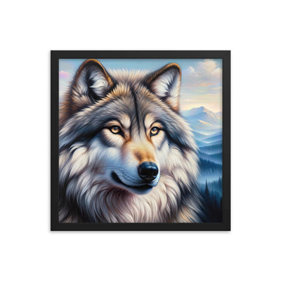 Ölgemäldeporträt eines majestätischen Wolfes mit intensiven Augen in der Berglandschaft (AN) - Premium Poster mit Rahmen xxx yyy zzz 40.6 x 40.6 cm