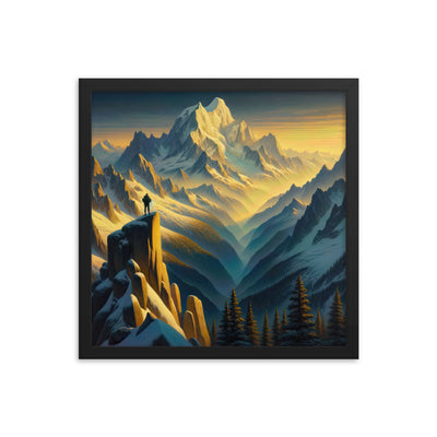 Ölgemälde eines Wanderers bei Morgendämmerung auf Alpengipfeln mit goldenem Sonnenlicht - Premium Poster mit Rahmen wandern xxx yyy zzz 40.6 x 40.6 cm