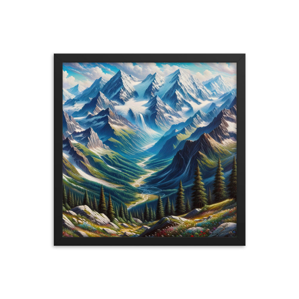Panorama-Ölgemälde der Alpen mit schneebedeckten Gipfeln und schlängelnden Flusstälern - Premium Poster mit Rahmen berge xxx yyy zzz 40.6 x 40.6 cm