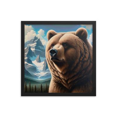 Realistisches Ölgemälde eines männlichen Bären in den Bergen mit Fokus auf Stärke und Schärfe - Premium Poster mit Rahmen camping xxx yyy zzz 40.6 x 40.6 cm
